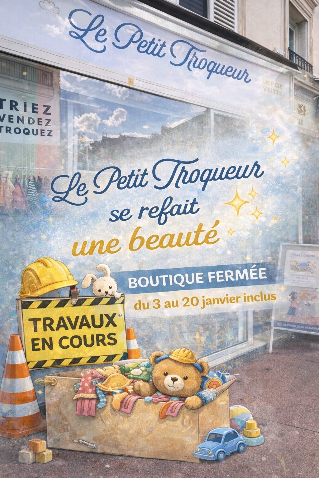 Le petit troqueur dépot vente enfant fait des travaux du 3 au 20 janvier inclus.