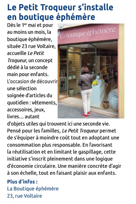 Article du magazine La Garenne-Colombes infos sur la boutique éphémère ouverte par Le Petit troqueur du 2 mai au 30 juin 2026